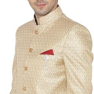 WINTAGE Men's Banarsi Rayon Cotton Festive Indian Jodhpuri Grandad Gold Blazer